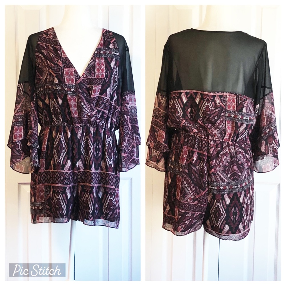 Revolve BCBGeneration Brulee Black Combo Ruffle Sleeve Romper Large